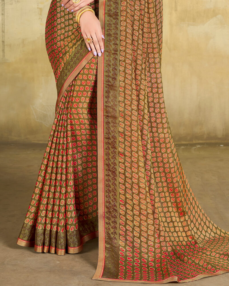 Vishal Prints Moss Green Brasso Saree With Zari Piping