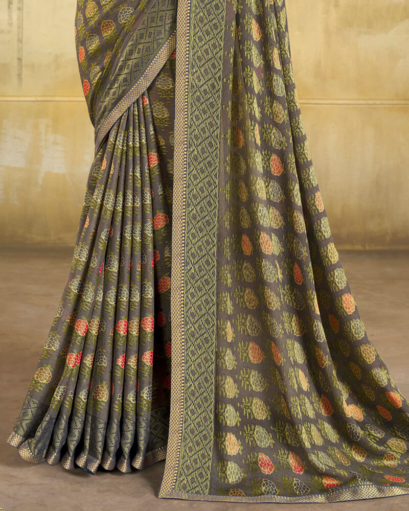 Vishal Prints Charcoal Grey Brasso Saree With Zari Piping