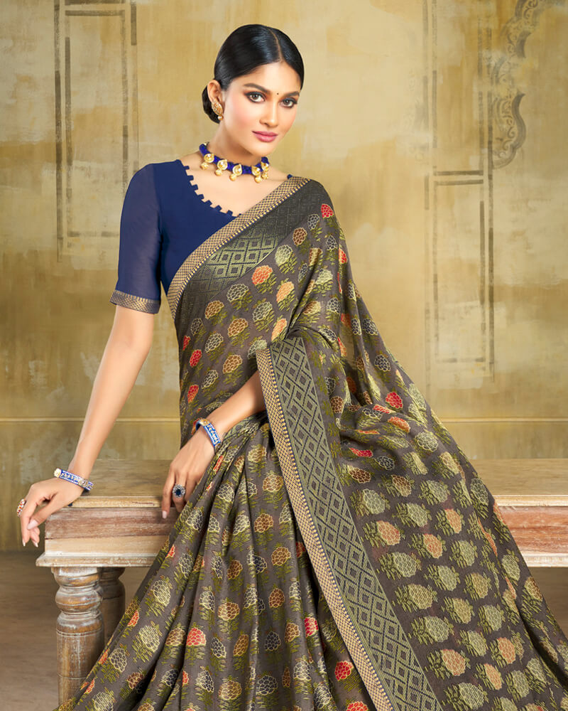 Vishal Prints Charcoal Grey Brasso Saree With Zari Piping