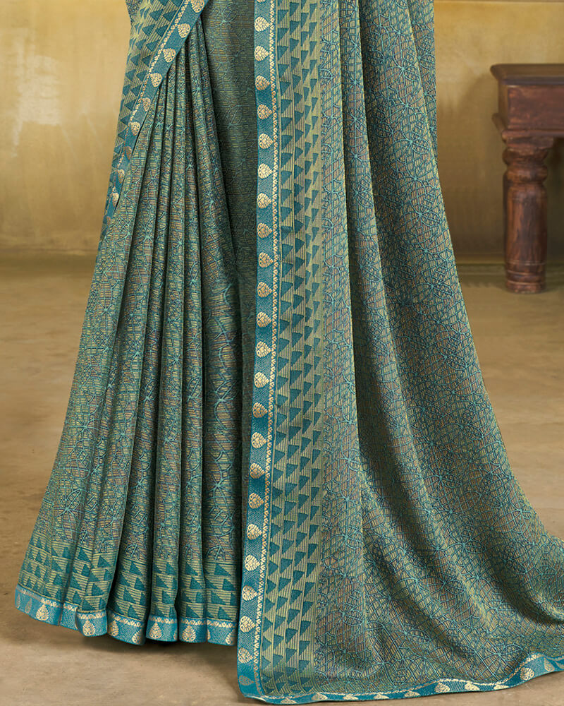 Vishal Prints Pastel Teal Green Brasso Saree With Zari Piping