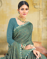 Vishal Prints Pastel Teal Green Brasso Saree With Zari Piping