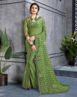 Vishal Prints Olive Green Brasso Saree With Foil Print And Zari Border