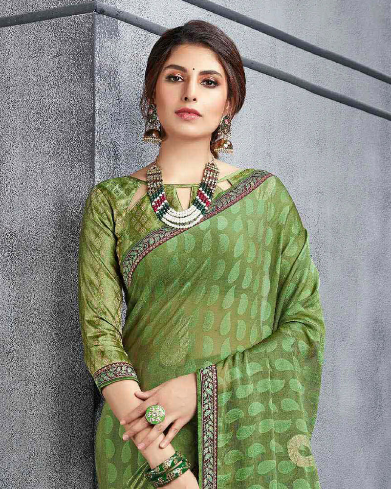 Vishal Prints Olive Green Brasso Saree With Foil Print And Zari Border