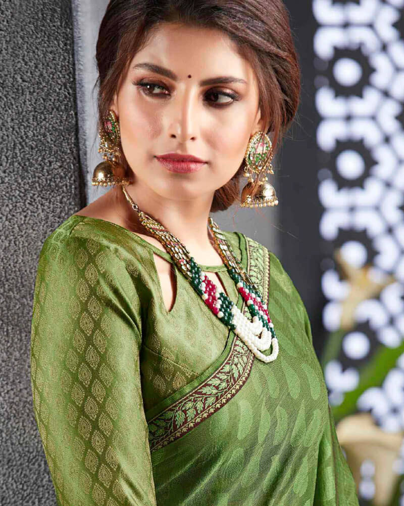 Vishal Prints Olive Green Brasso Saree With Foil Print And Zari Border