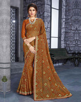 Vishal Prints Ochre Brasso Saree With Foil Print And Zari Border