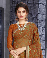 Vishal Prints Ochre Brasso Saree With Foil Print And Zari Border