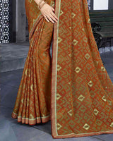 Vishal Prints Ochre Brasso Saree With Foil Print And Zari Border