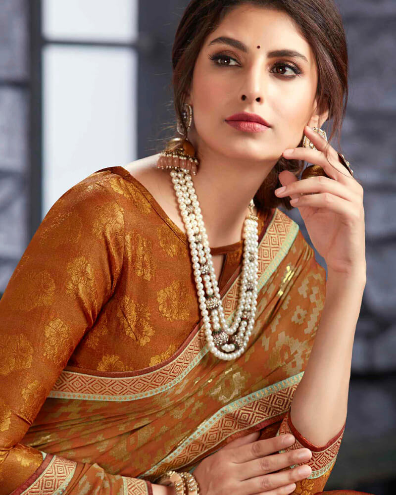 Vishal Prints Ochre Brasso Saree With Foil Print And Zari Border