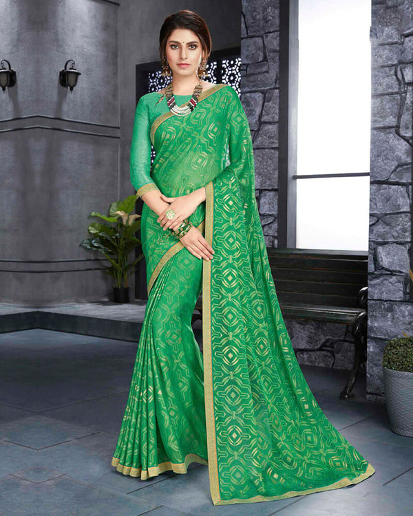 Vishal Prints Jade Green Brasso Saree With Foil Print And Zari Border