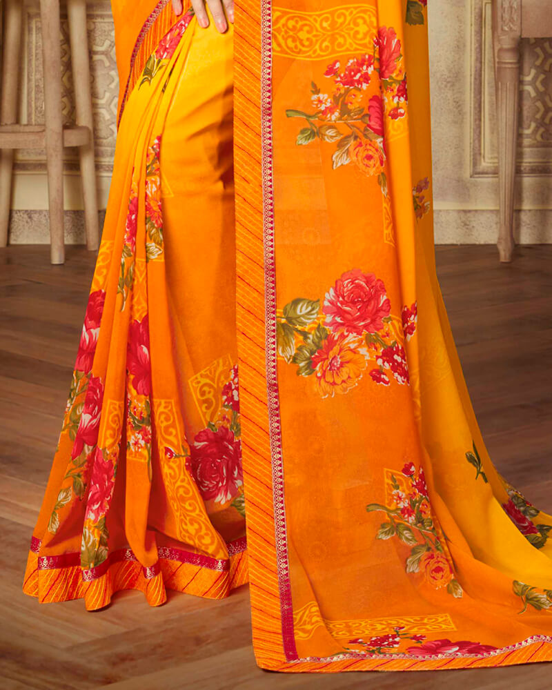 Vishal Prints Yellow Printed Georgette Saree With Border
