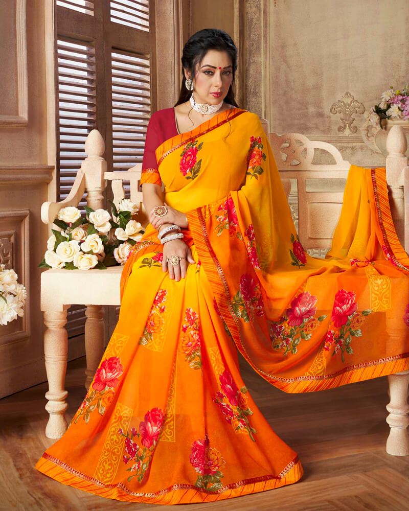 Vishal Prints Yellow Printed Georgette Saree With Border