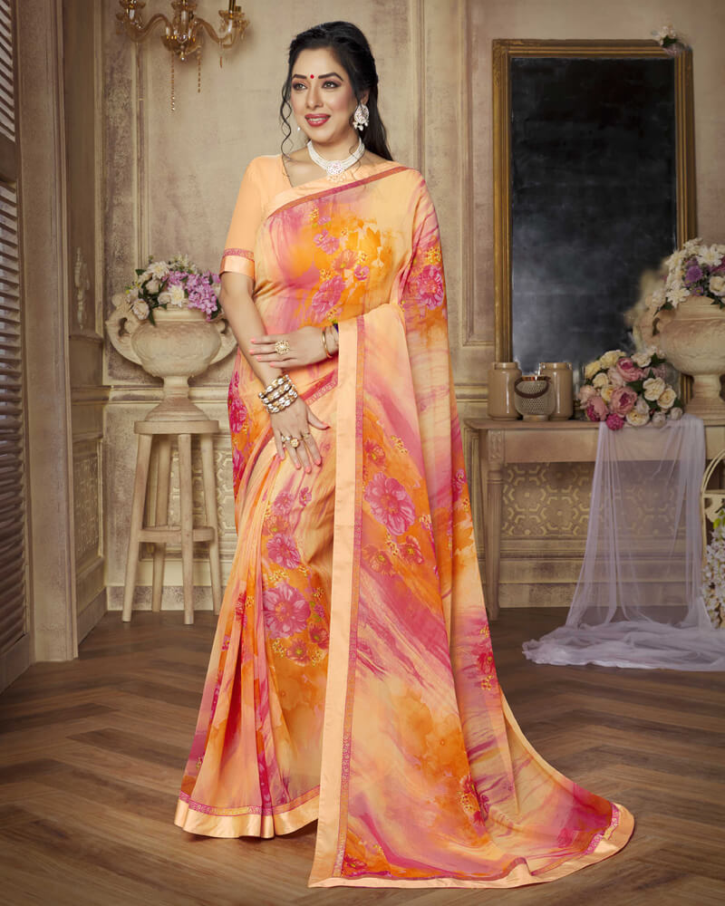 Vishal Prints Peach Printed Georgette Saree With Satin Border