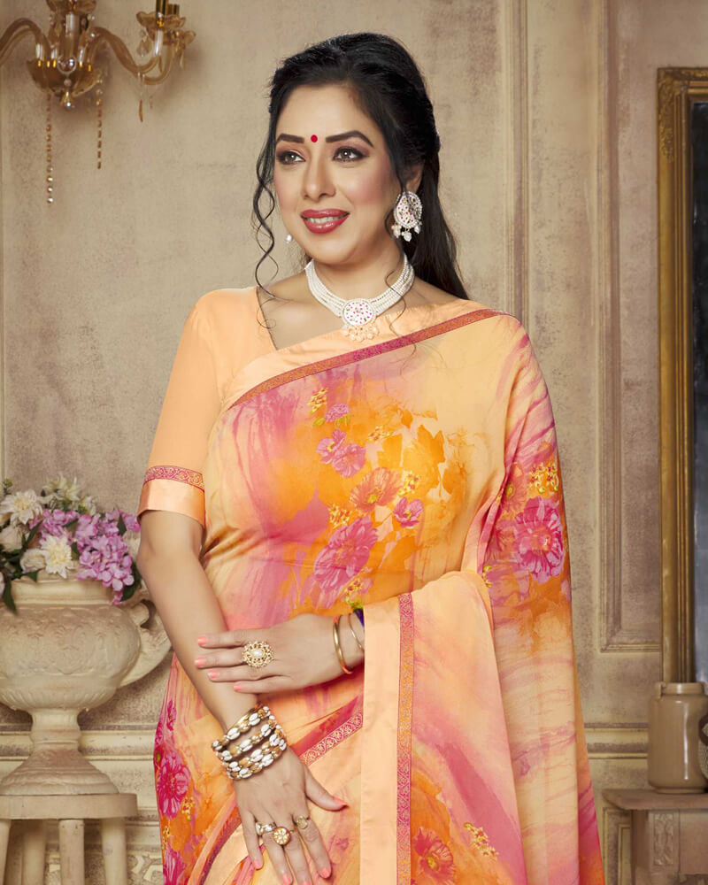 Vishal Prints Peach Printed Georgette Saree With Satin Border