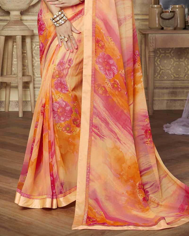 Vishal Prints Peach Printed Georgette Saree With Satin Border