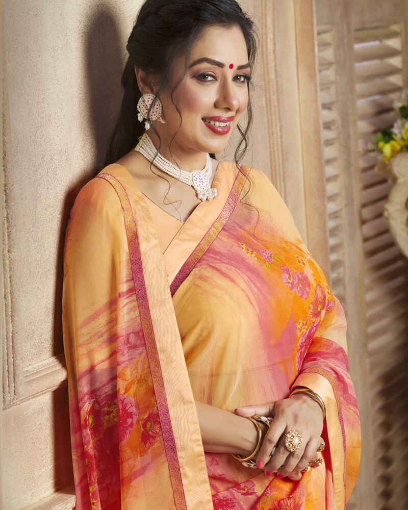Vishal Prints Peach Printed Georgette Saree With Satin Border