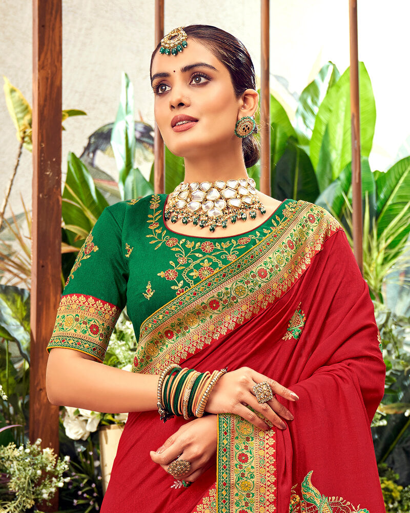 Vishal Prints Pinkish Red Art Silk Saree With Embroidery Work And Tassel