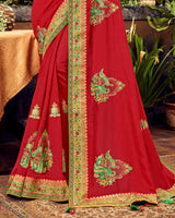 Vishal Prints Pinkish Red Art Silk Saree With Embroidery Work And Tassel