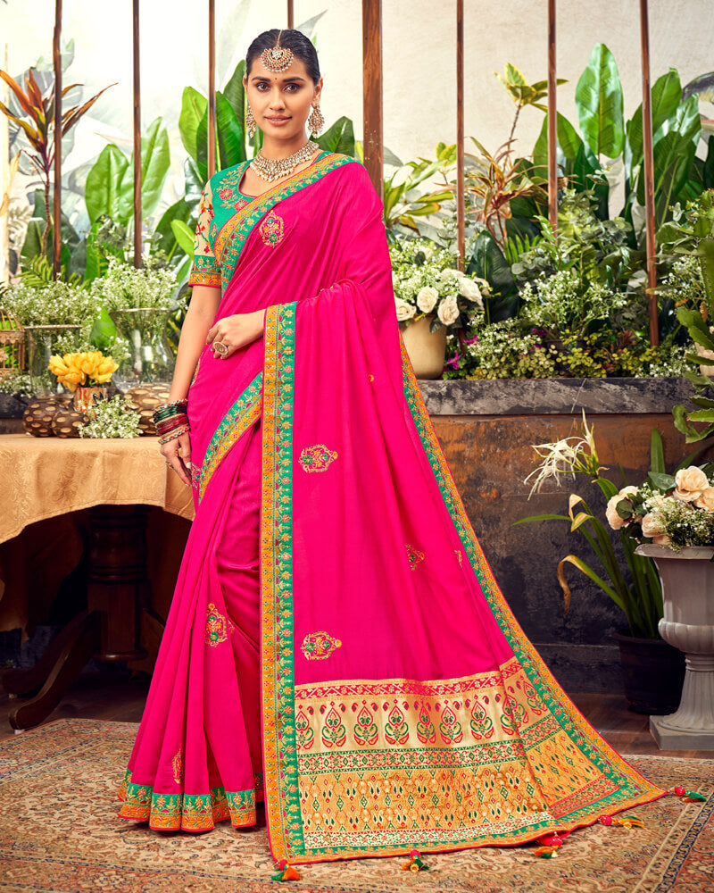Vishal Prints Hot Pink Art Silk Saree With Embroidery Work And Tassel