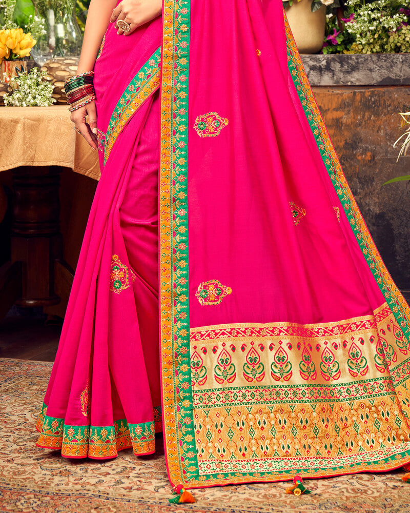 Vishal Prints Hot Pink Art Silk Saree With Embroidery Work And Tassel