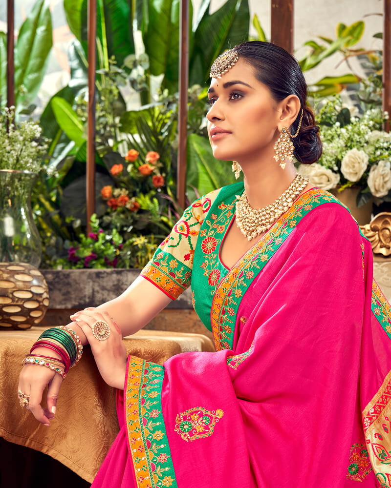 Vishal Prints Hot Pink Art Silk Saree With Embroidery Work And Tassel