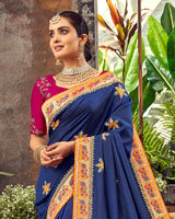 Vishal Prints Ink Blue Art Silk Saree With Embroidery Work And Tassel