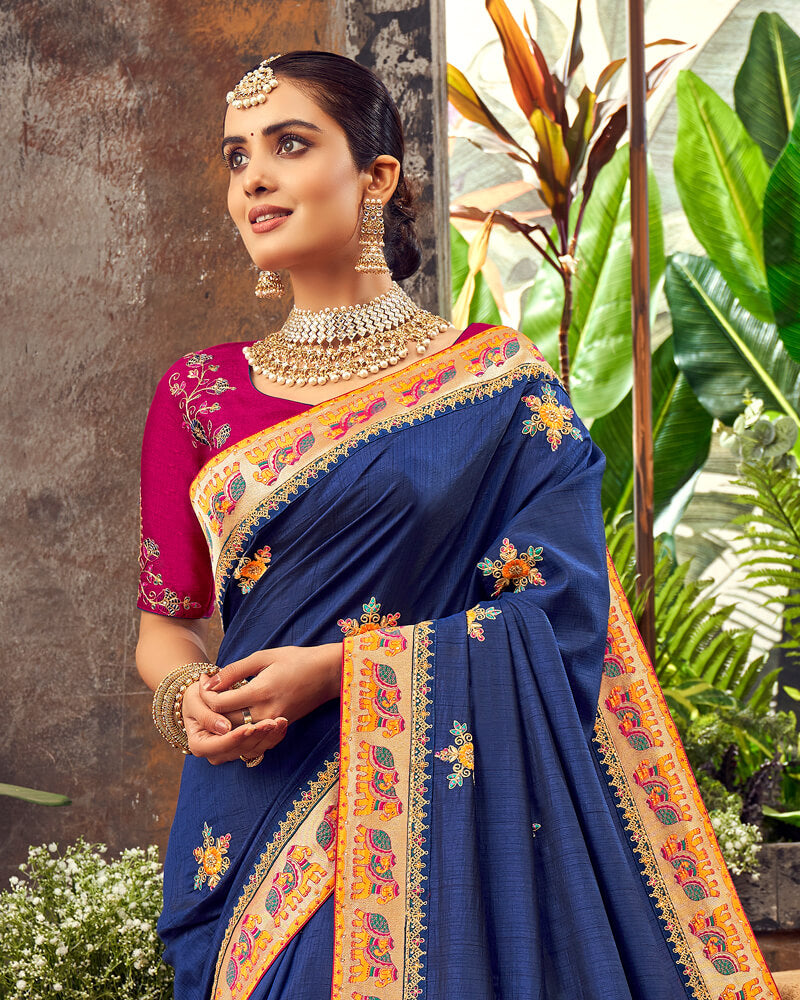 Vishal Prints Ink Blue Art Silk Saree With Embroidery Work And Tassel