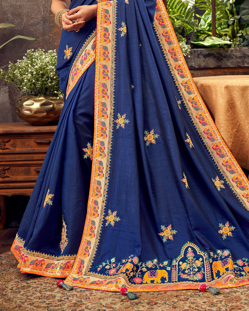 Vishal Prints Ink Blue Art Silk Saree With Embroidery Work And Tassel