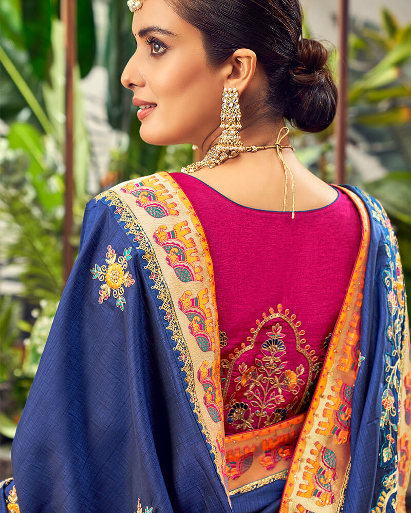 Vishal Prints Ink Blue Art Silk Saree With Embroidery Work And Tassel