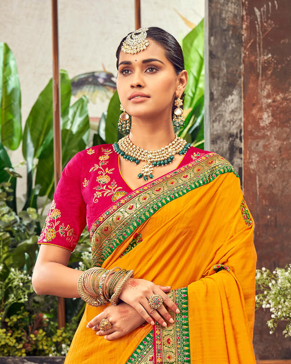 Vishal Prints Yellowish Orange Art Silk Saree With Embroidery Work And Tassel