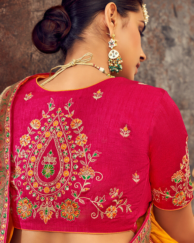 Vishal Prints Yellowish Orange Art Silk Saree With Embroidery Work And Tassel
