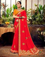 Vishal Prints Red Art Silk Saree With Embroidery Work And Tassel