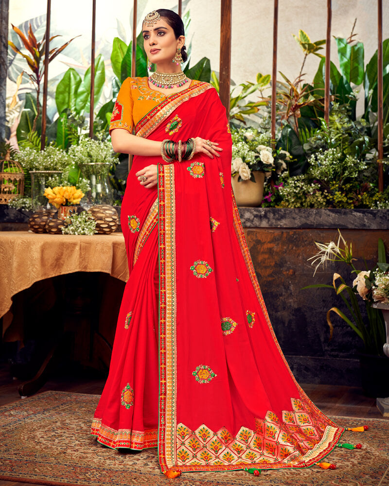 Vishal Prints Red Art Silk Saree With Embroidery Work And Tassel