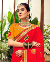 Vishal Prints Red Art Silk Saree With Embroidery Work And Tassel
