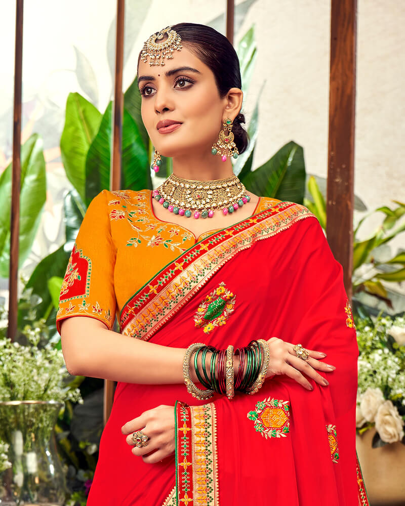 Vishal Prints Red Art Silk Saree With Embroidery Work And Tassel