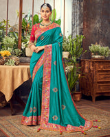Vishal Prints Teal Green Art Silk Saree With Embroidery Work And Tassel