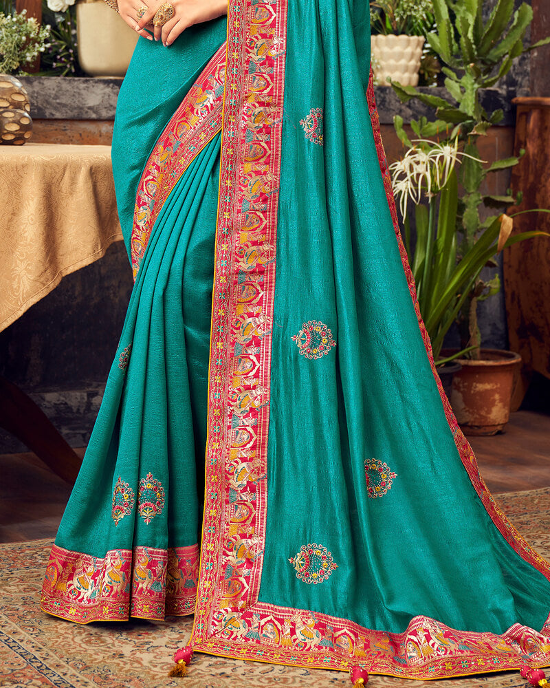 Vishal Prints Teal Green Art Silk Saree With Embroidery Work And Tassel