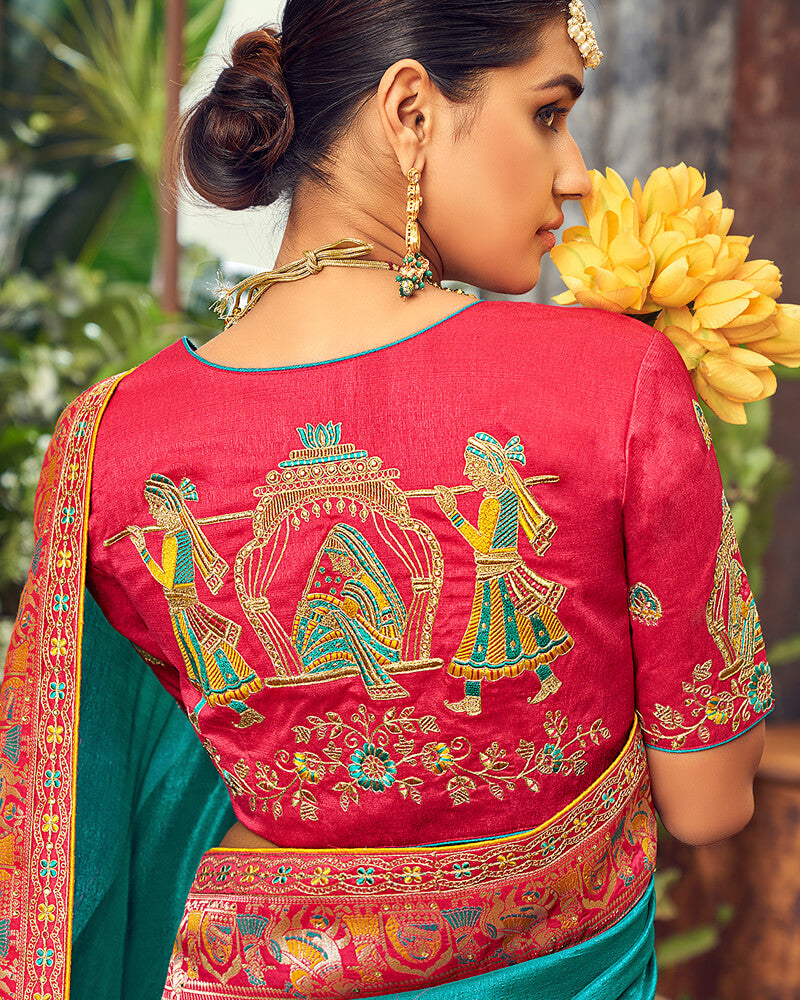 Vishal Prints Teal Green Art Silk Saree With Embroidery Work And Tassel