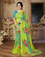 Vishal Prints Lime Green Printed Georgette Saree With Satin Border