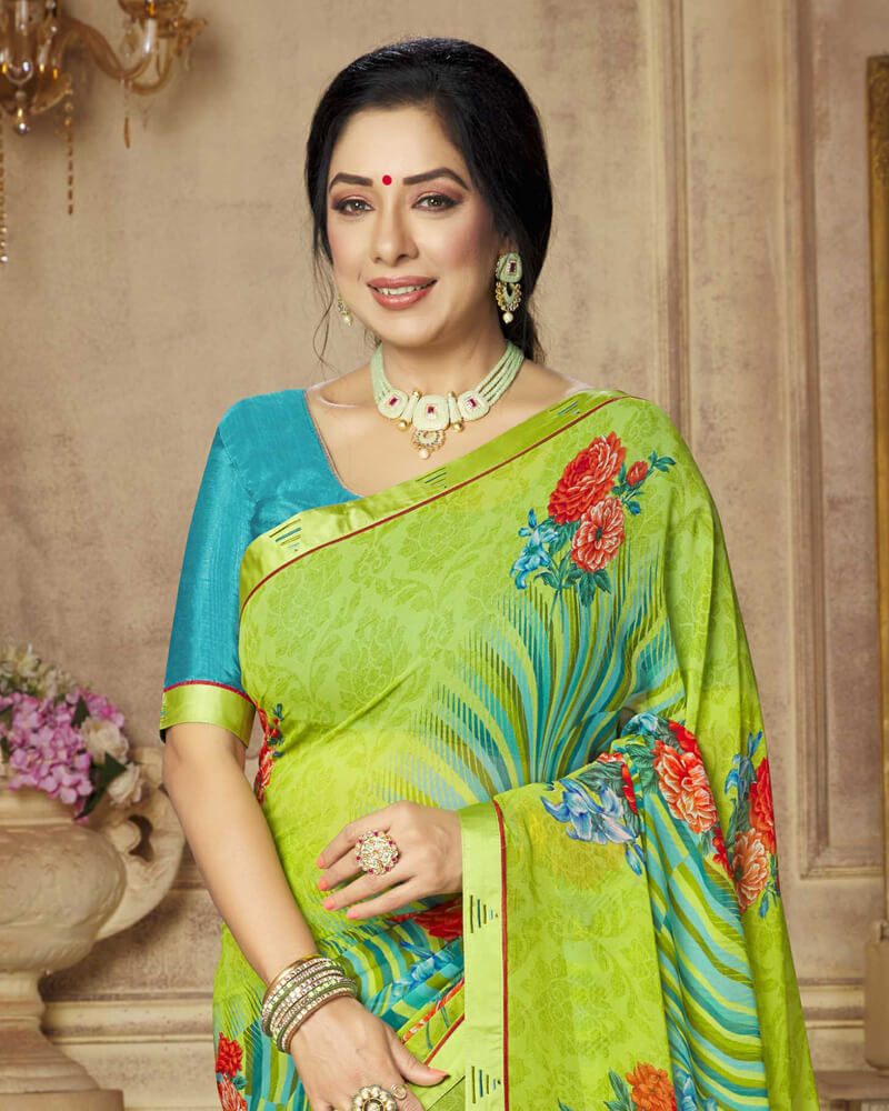 Vishal Prints Lime Green Printed Georgette Saree With Satin Border