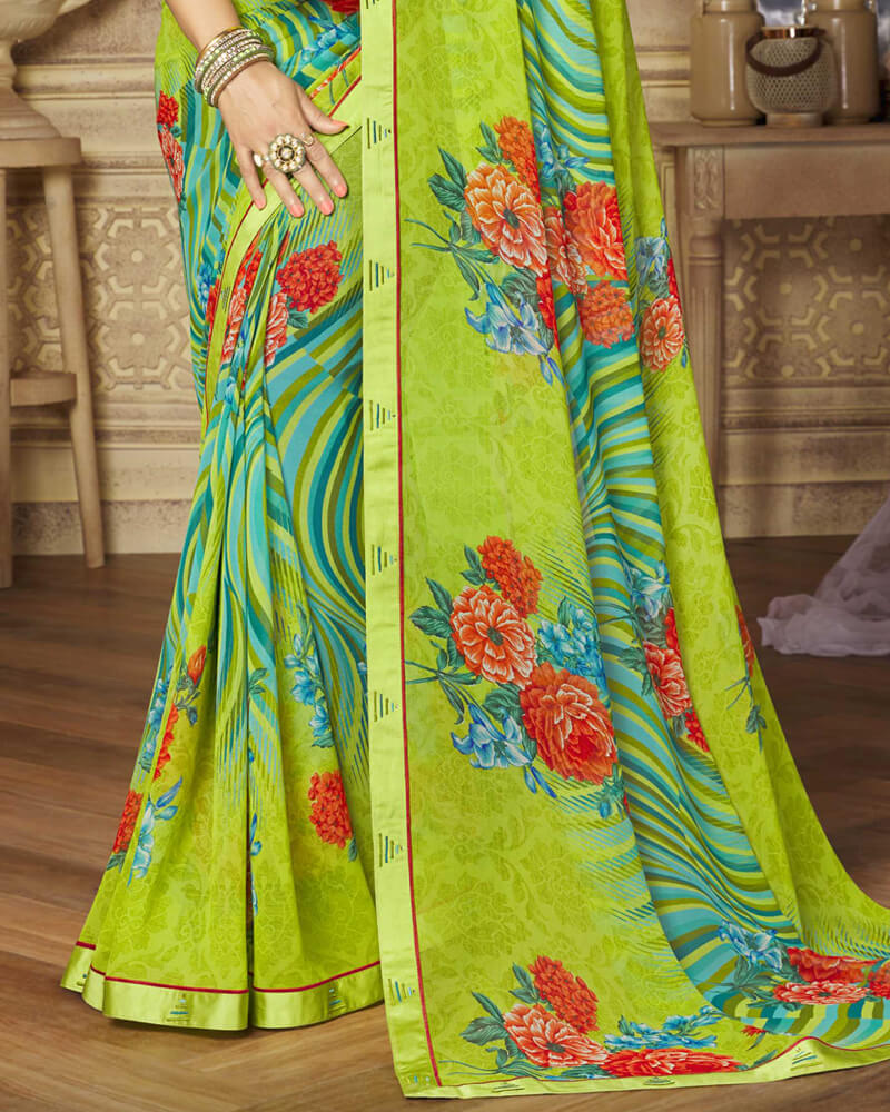 Vishal Prints Lime Green Printed Georgette Saree With Satin Border