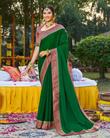 Vishal Prints Dark Green Chiffon Saree With Jari Border