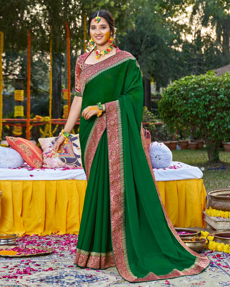 Vishal Prints Dark Green Chiffon Saree With Jari Border