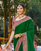 Vishal Prints Dark Green Chiffon Saree With Jari Border