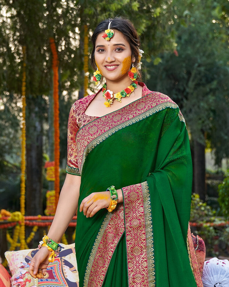 Vishal Prints Dark Green Chiffon Saree With Jari Border