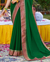 Vishal Prints Dark Green Chiffon Saree With Jari Border