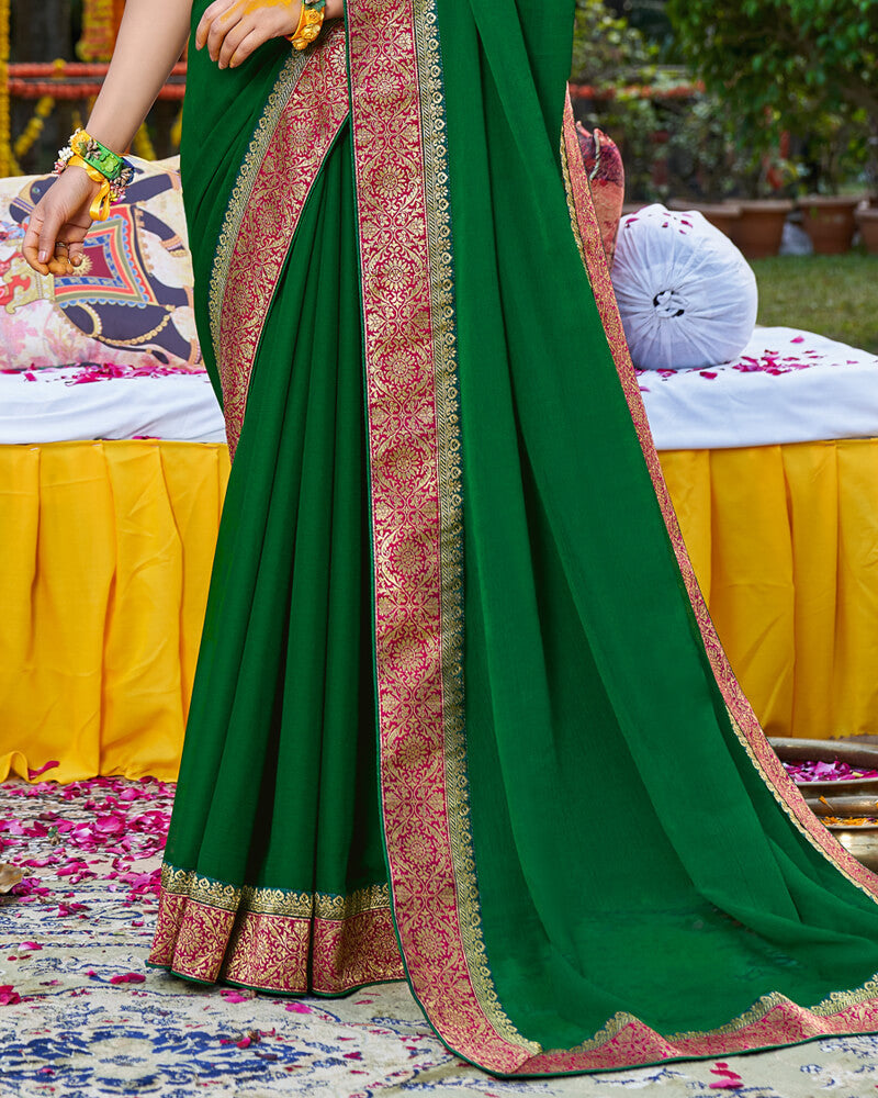 Vishal Prints Dark Green Chiffon Saree With Jari Border