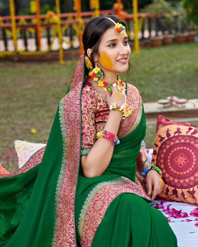 Vishal Prints Dark Green Chiffon Saree With Jari Border