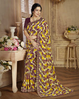 Vishal Prints Mustard Printed Georgette Saree With Jari Border