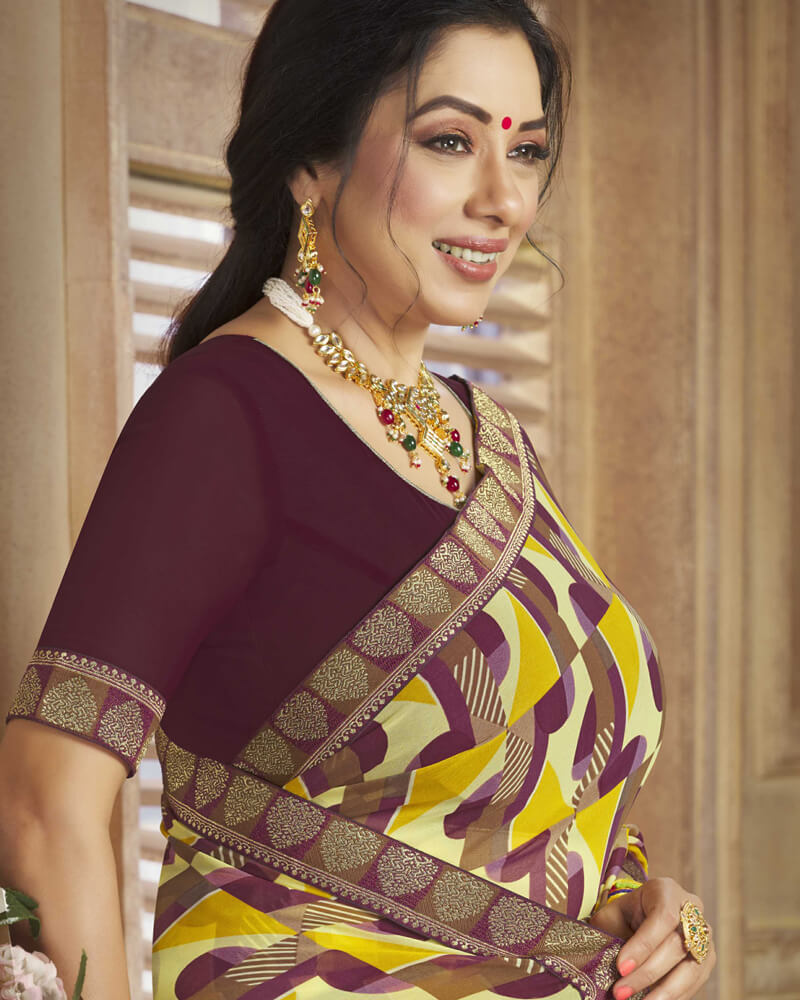 Vishal Prints Mustard Printed Georgette Saree With Jari Border