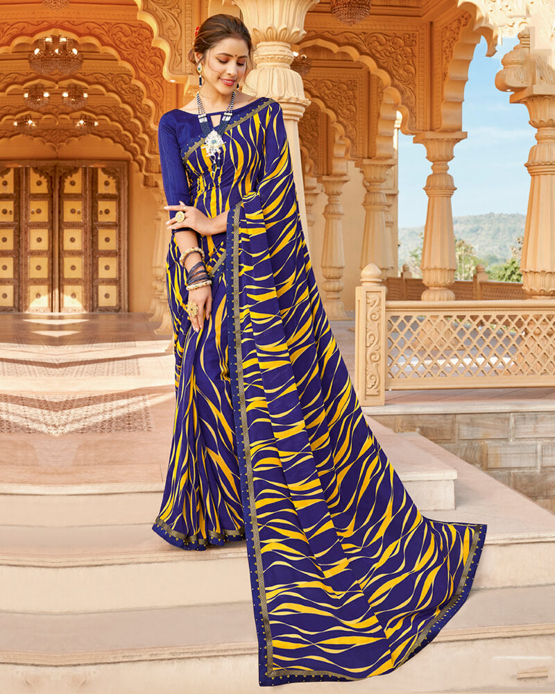 Vishal Prints Dark Blue Printed Georgette Saree With Border